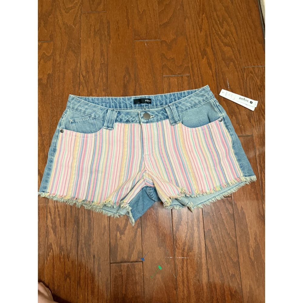 AQUA Ari Short Light Vintage Denim Striped Cut Off Frayed Hem Shorts Size 28 NEW